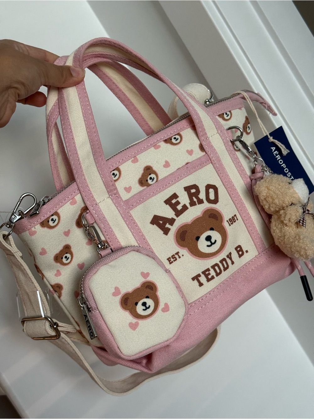 Aeropostale Pink and Cream Teddy B. Crossbody Bag